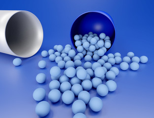 3D illustration of medical pill with small capsules on blue background