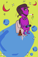 Man smoking crazy hallucination in toilet fly out world