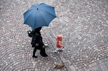 femmes avec enfant et petit chien  sous la pluie avec un parapluie