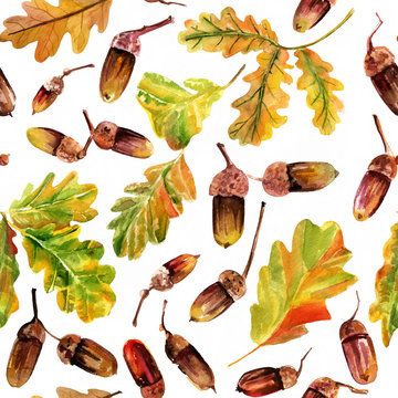 Seamless watercolor autumn background pattern with oak leaves and acorns