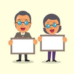 Cartoon old man and old woman holding board for presentation for design.