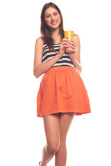 Cute woman isolated on white background holding a paper cup
