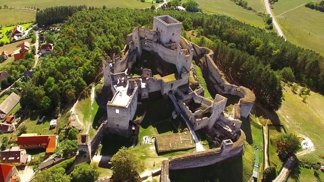 Ruins of gothic castle Rabi in National Park Sumava. Aerial view to medieval monument in Czech Republic. Central Europe.