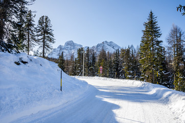 Fototapeta na wymiar Treacherous Curving Mountain Road Covered in Snow