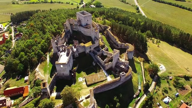 Ruins of gothic castle Rabi in National Park Sumava. Aerial view to medieval monument in Czech Republic. Central Europe.