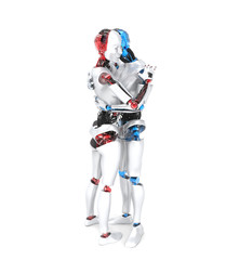 Two hugging robots, white background