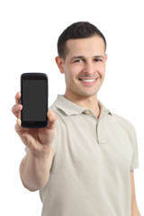 Handsome man showing a blank smart phone display