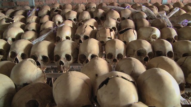Dolly along hundreds of skulls in rows in a church following the genocide in Rwanda.