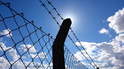 Zaun mit Stacheldraht im Sonnenschein