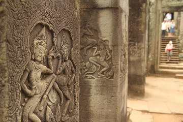 Dancing asparas on a column on the outer gallery at Angkor Thom in Siam Reap, Cambodia. 