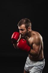 Athletic bearded boxer with gloves on a dark background - 91733528