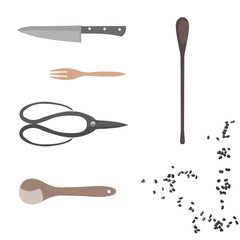 Knife, Japanese scissors, fork, wooden spoon, black beans, kitchenware in vector