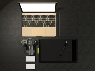 Designer accessories and gadgets on black leather background