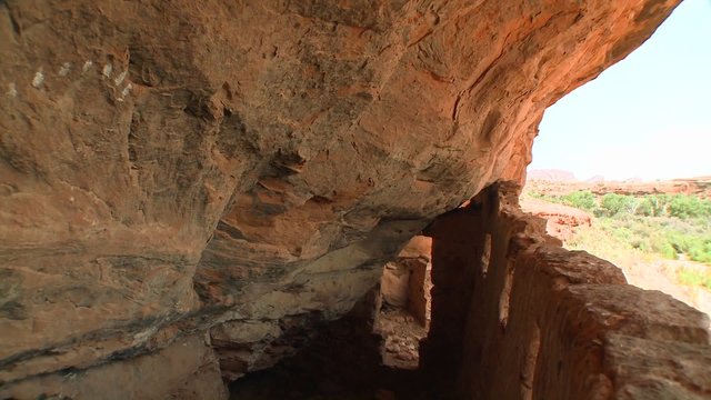 High angle view of an ancient Indian dwelling in a cliff face in Utah.