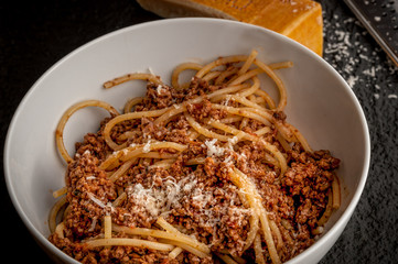 A bowl with spaghetti bolognese