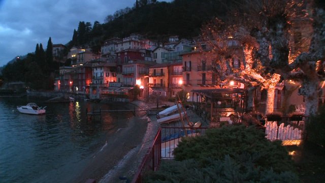 A beautiful small Italian village on the shores of Lake Como at night.