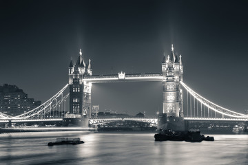 Tower Bridge at night in black and white