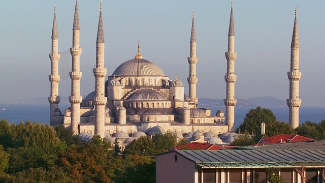 The Blue Mosque in Istanbul, Turkey at dusk.
