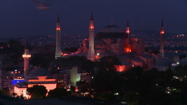The Hagia Sophia Mosque in istanbul, Turkey at dusk or night.