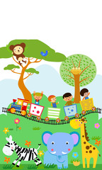 Obraz na płótnie Canvas Happy kids on a colorful train with animal