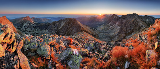 Panorama of beaufiful Slovakia moutain at sunrise, Rohace Tatra - obrazy, fototapety, plakaty