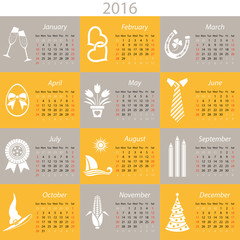 2016 english calendar with months and  holiday icons