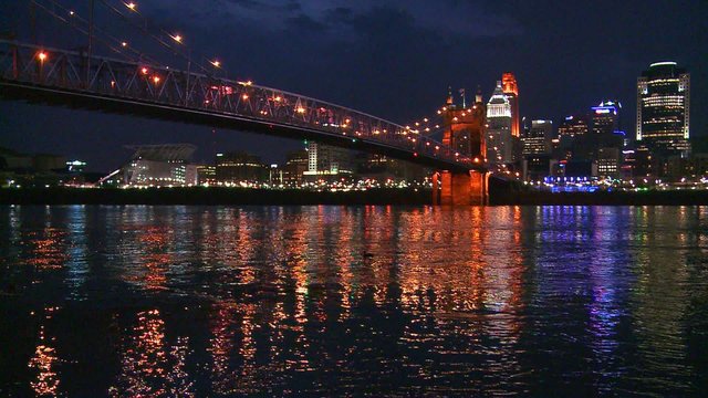 Light reflects off the Ohio River with the city of Cincinnati Ohio background.