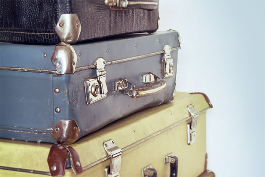 Vintage travel concept with baggage. Pastel colors