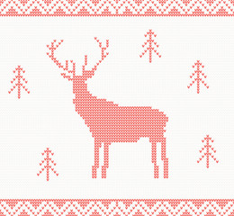 Christmas Knitted background with deer, trees and ornament