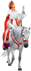 Heilige Nikolaus on the white horse front view, Sinterklaas feast, winter holiday figure based on Saint Nicholas, Bishop of Myra, model for Santa Claus, gifts on eve and feast of Saint Nicholas