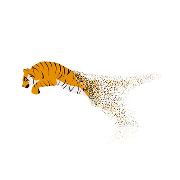 Tiger leaping from the disintegrated pieces