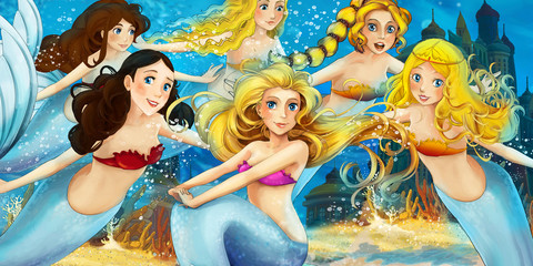 Obraz na płótnie Canvas Cartoon scene of many mermaids underwater swimming together - illustration for children