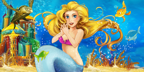 Fototapeta na wymiar Cartoon scene of a mermaid sitting in front of an underwater castle - illustration for children