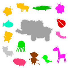 Silhouette of Cute Animals  Face with dash outline, isolated on white
