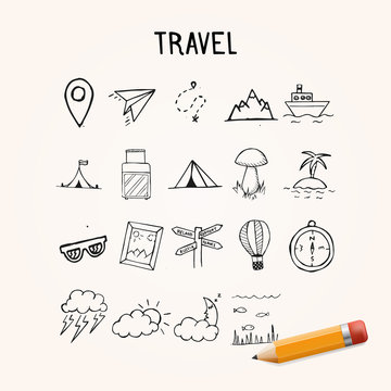 Universal Set of Doodle Icons, travel hand drawn objects