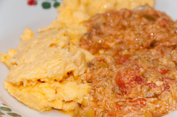 Scrambled eggs and tomato stew in the plate