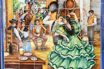 Danseurs de flamenco sur du carrelage dans une rue de Séville - obrazy, fototapety, plakaty