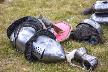 armour: helms, gauntlet, shield on the ground