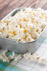 Aluminum bowl full of popcorn