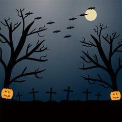 bat, pumpkin, graveyard, moon and tree for halloween concept