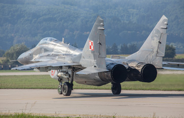 Polish Air Force Mig-29 Fulcrum fighter jet on runway before takeoff, military aircraft and...