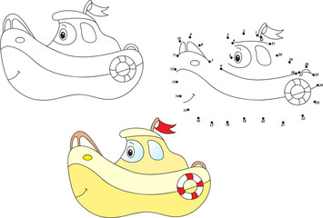 Cartoon ship. Vector illustration. Coloring and dot to dot game