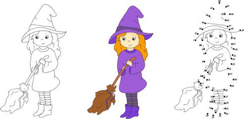 Cute and nice witch with broom. Vector illustration. Coloring an