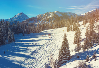 Mountains ski resort in Alps, Austria. Beautiful winter landscape