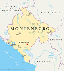 Montenegro political map with capital Podgorica, national borders, important cities, rivers and lakes. English labeling and scaling. Illustration. - obrazy, fototapety, plakaty