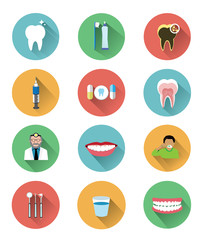 Modern flat dental icons set with long shadow effect