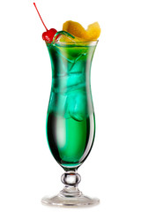 Green Devil cocktail with a slice of lemon and cherry isolated
