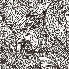 Vector seamless abstract pattern of leaves, flowers, waves