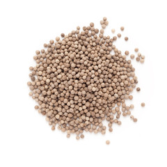 Top view of Organic White Pepper (Piper nigrum) isolated on white background.