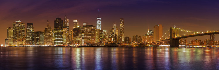 Manhattan skyline at night, New York City panoramic picture, USA